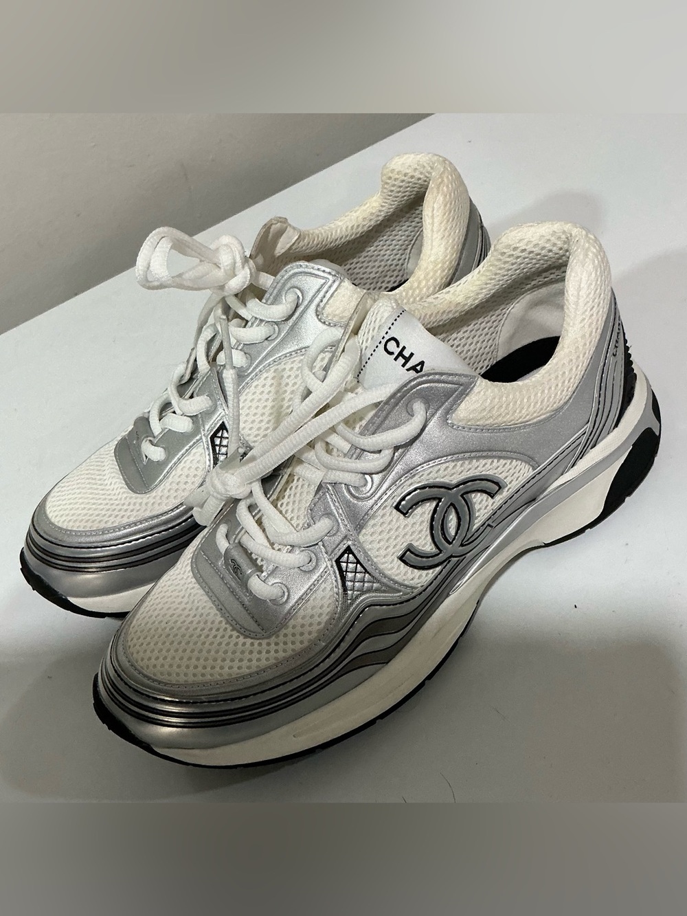 CHANEL White & Silver Mesh CC Logo Sneakers